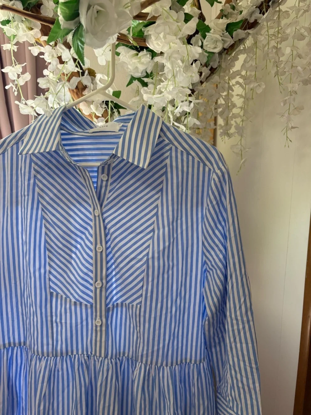 Maye Jasmine Shirt Blue and White Striped Collared Tiered Midi Dress 100% Cotton - Picture 7 of 11